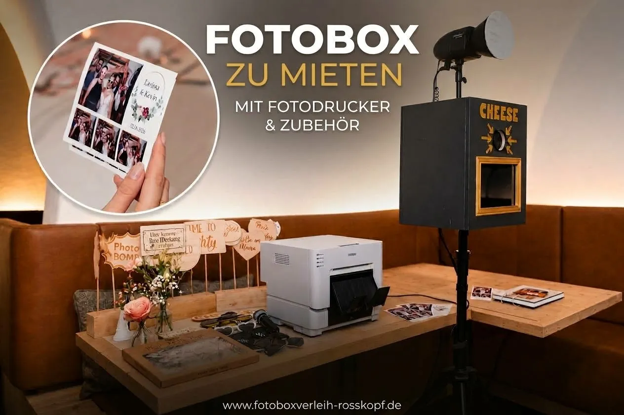 Fotobox mit Sofortdruck, Audio Gästebuch, Fotohintergründen und weiterem Zubehör mieten – Bild 1